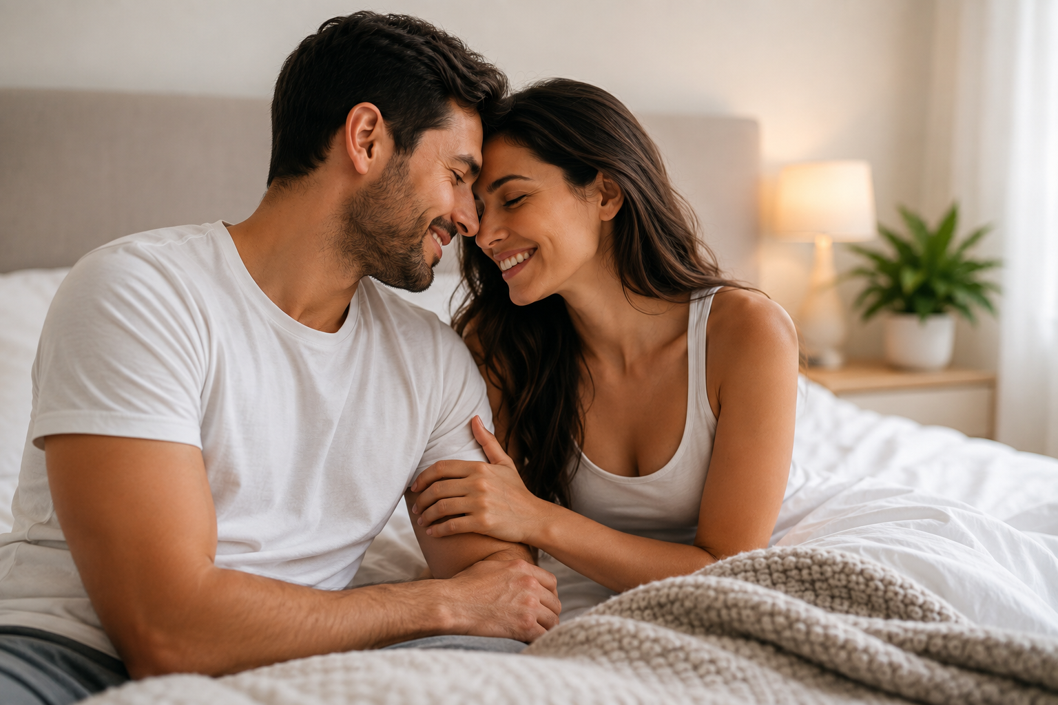 Couple sharing a warm and affectionate moment in a bedroom, representing emotional intimacy, healthy relationships, and sexual wellbeing.