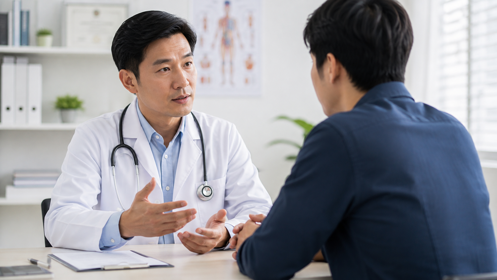 Doctor consulting with a patient about genital herpes, sexual health, and treatment options in a modern medical clinic.