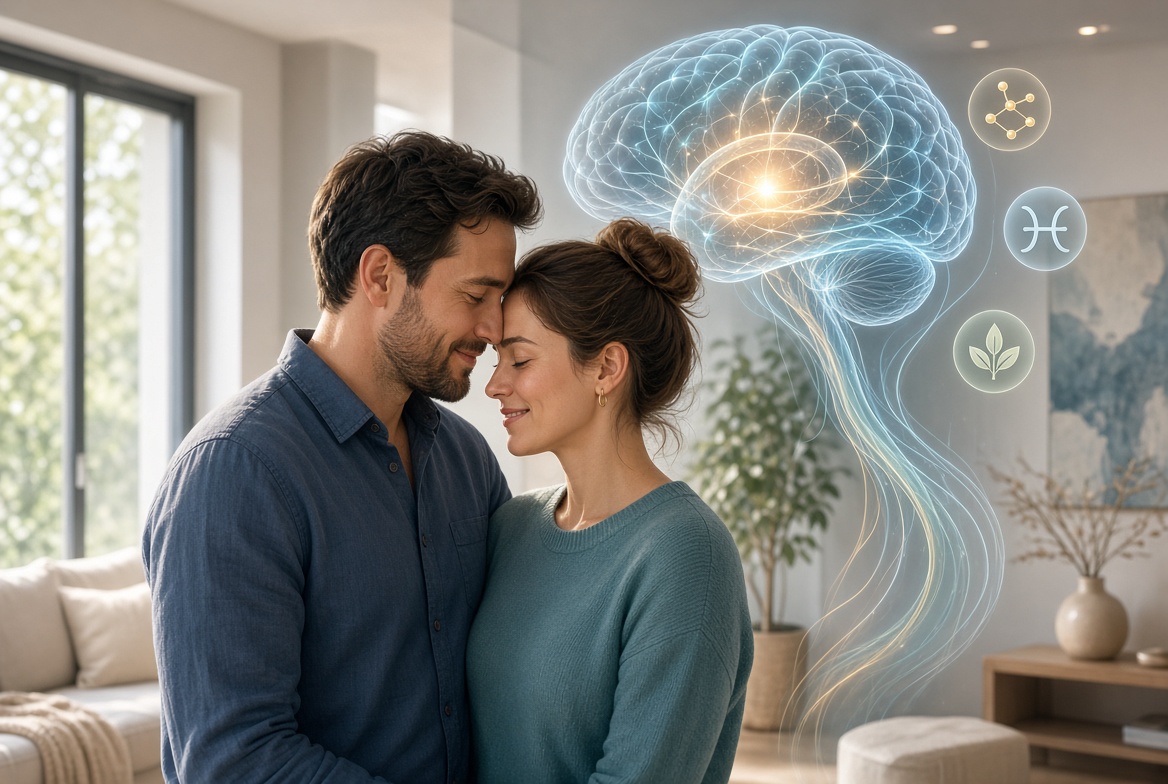 Couple sharing an affectionate moment beside an illustration of brain activity