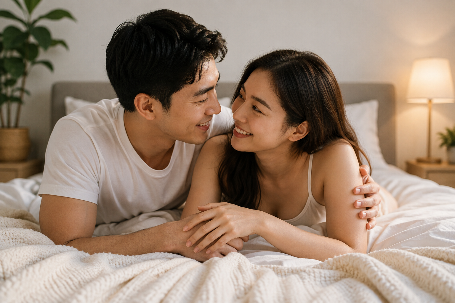 Couple sharing an affectionate moment on a bed, representing emotional intimacy, communication, and healthy sexual satisfaction.