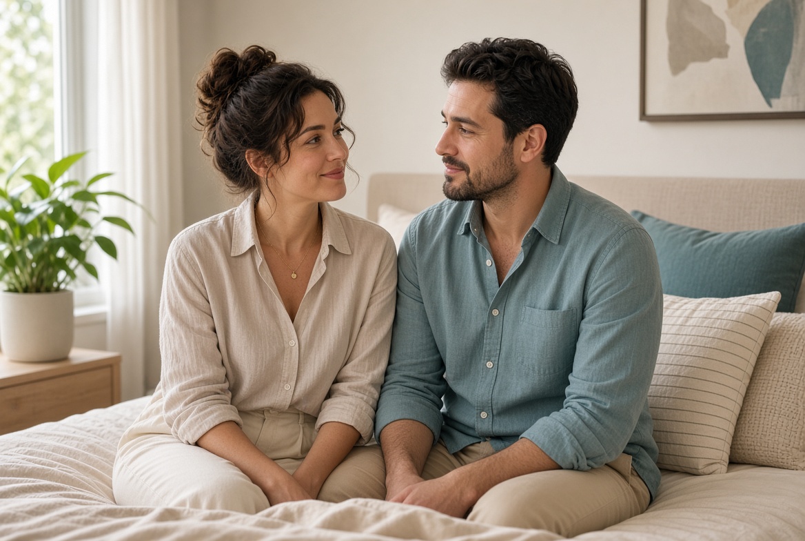 Adult couple having a thoughtful conversation about intimacy and emotional connection