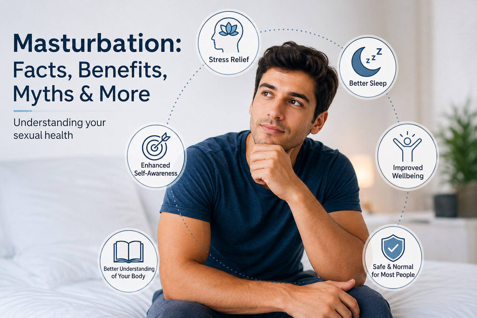 Young man sitting thoughtfully on a bed, representing sexual health awareness, self-understanding, and evidence-based education about masturbation.