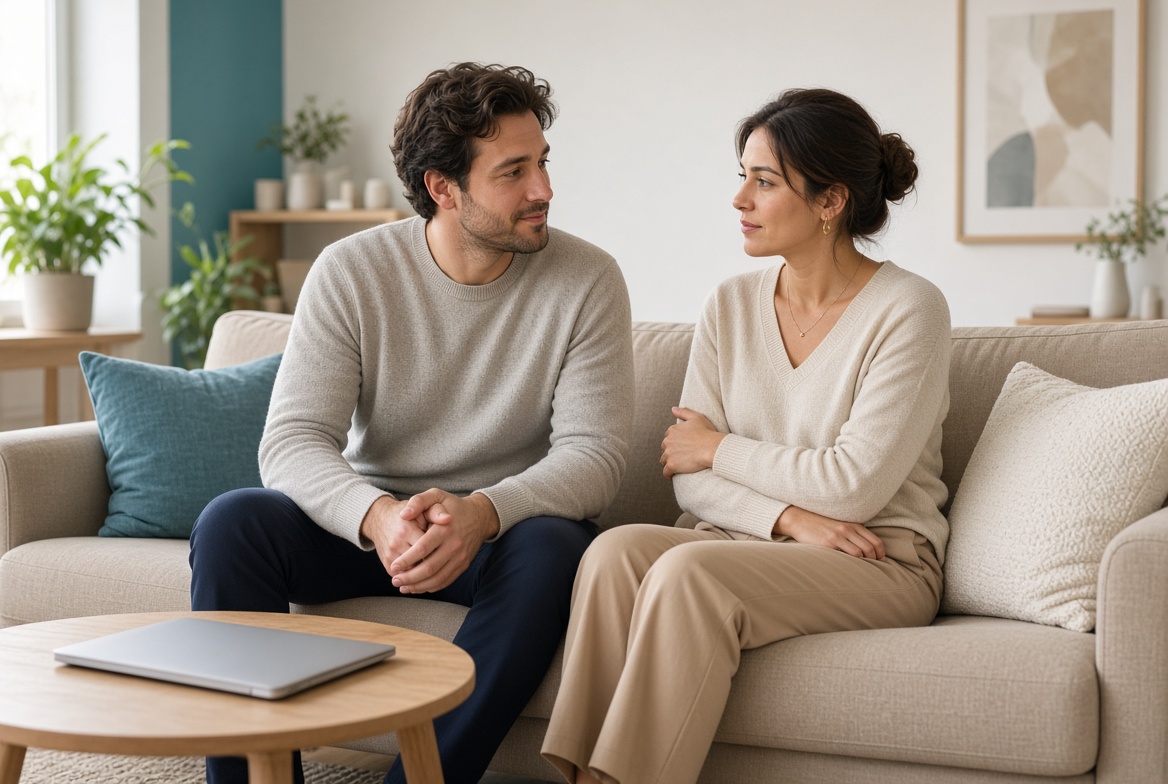 Thoughtful adult couple discussing healthy digital boundaries at home