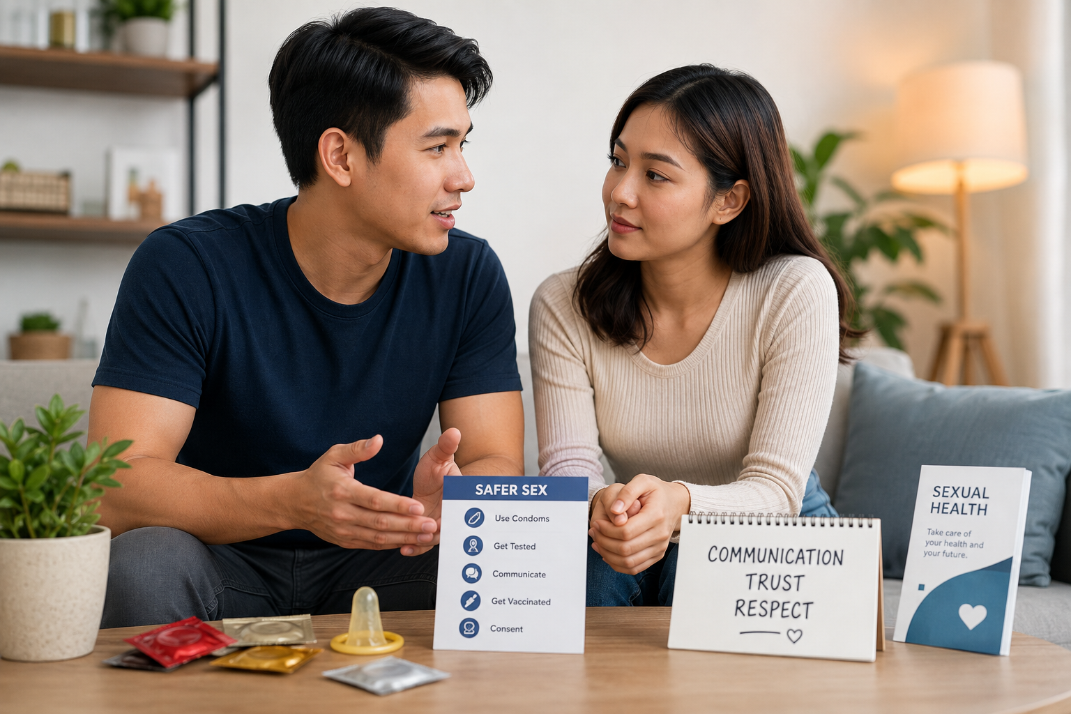 Couple discussing safer sex, contraception, and sexual health together in a comfortable home environment.