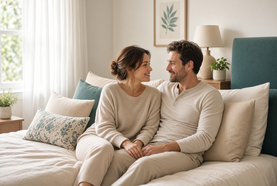Affectionate adult couple discussing comfort and intimacy in a private bedroom