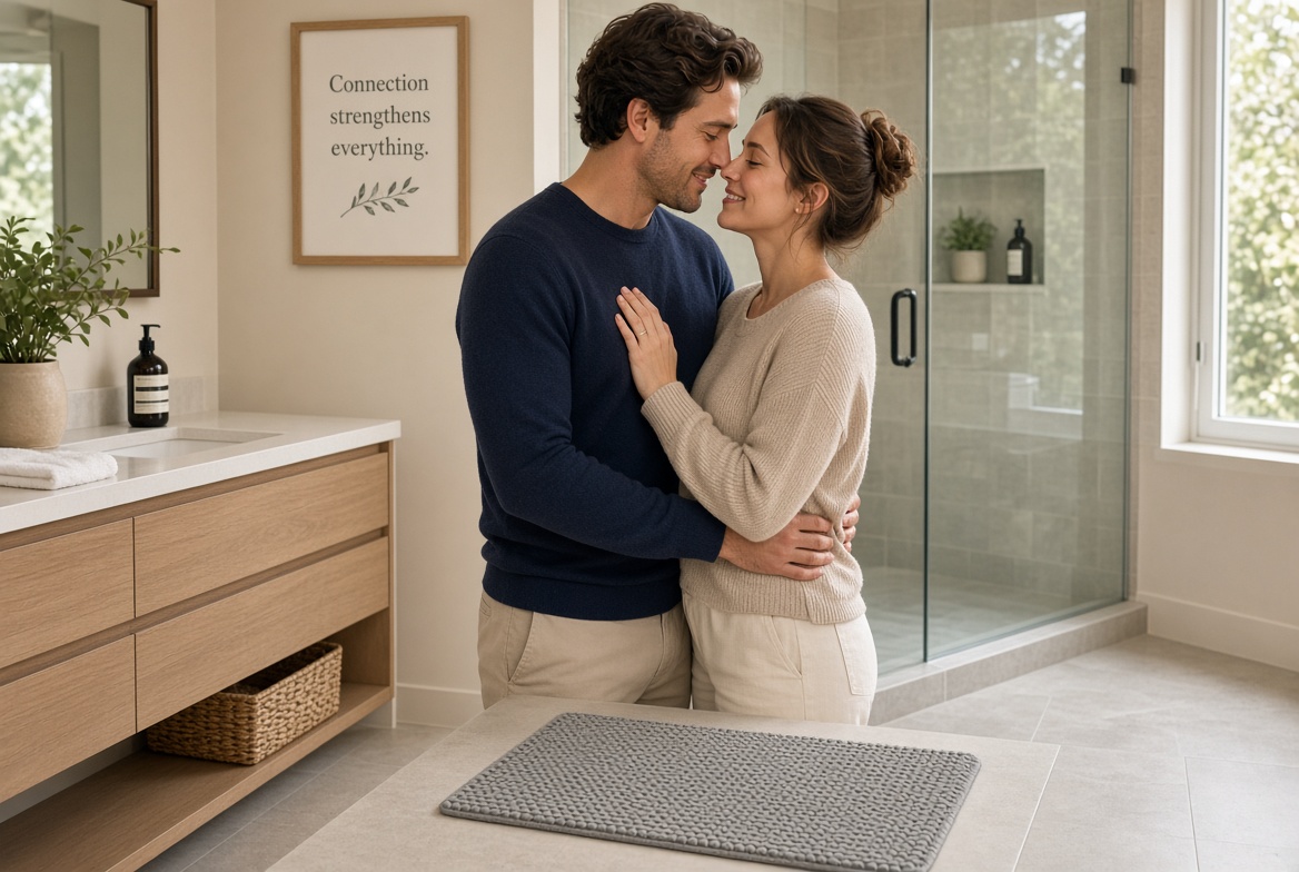 Affectionate adult couple sharing a warm moment beside a modern shower