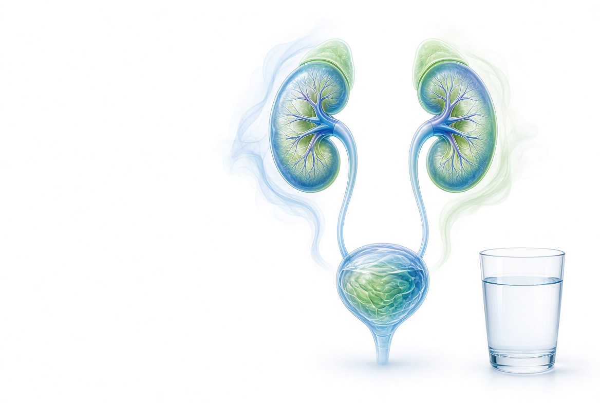 Medical illustration showing the urinary system and ways to support bladder health