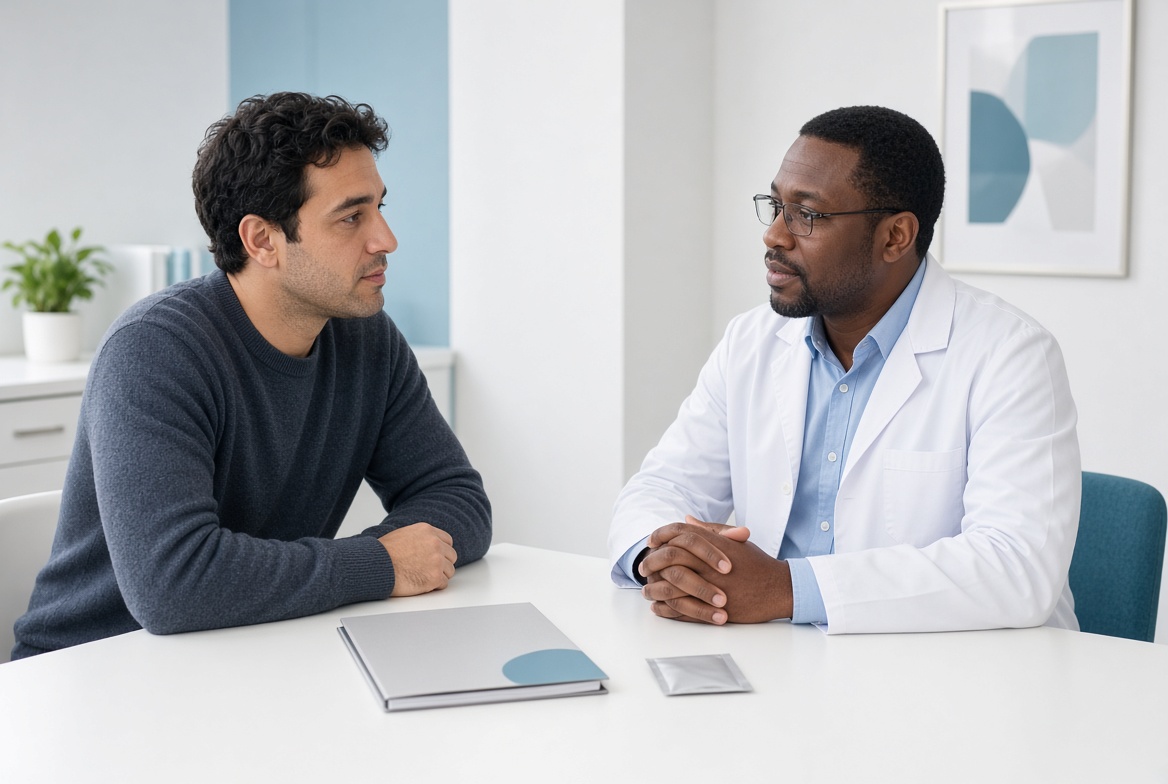 Adult man discussing sexual health and STI prevention with a healthcare professional