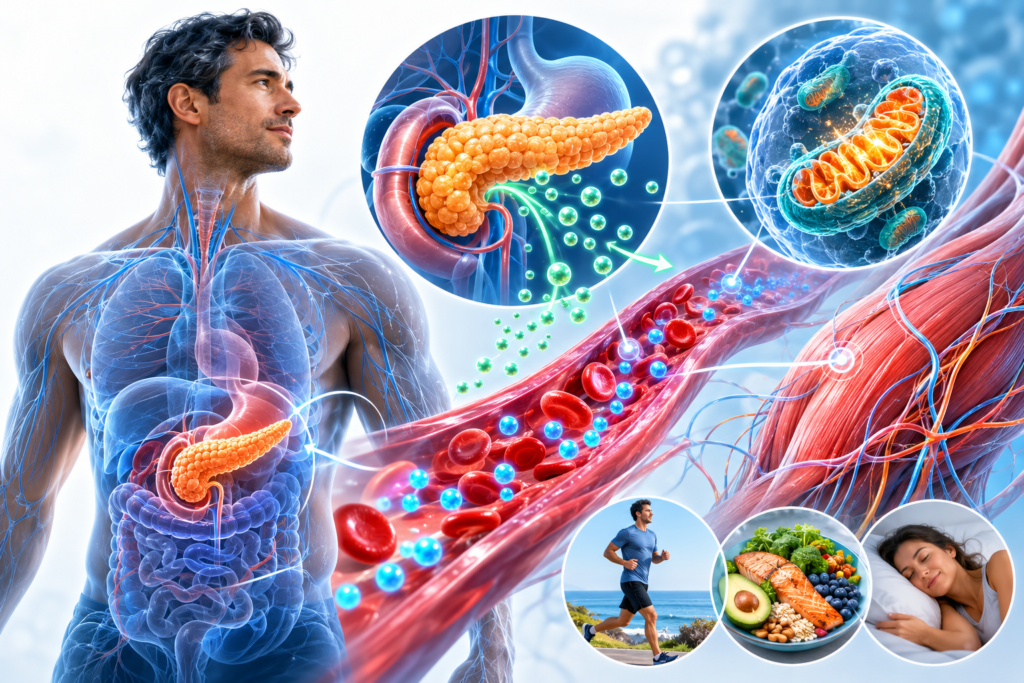 Healthy blood sugar regulation supported by insulin, mitochondria, and metabolic health for longevity.