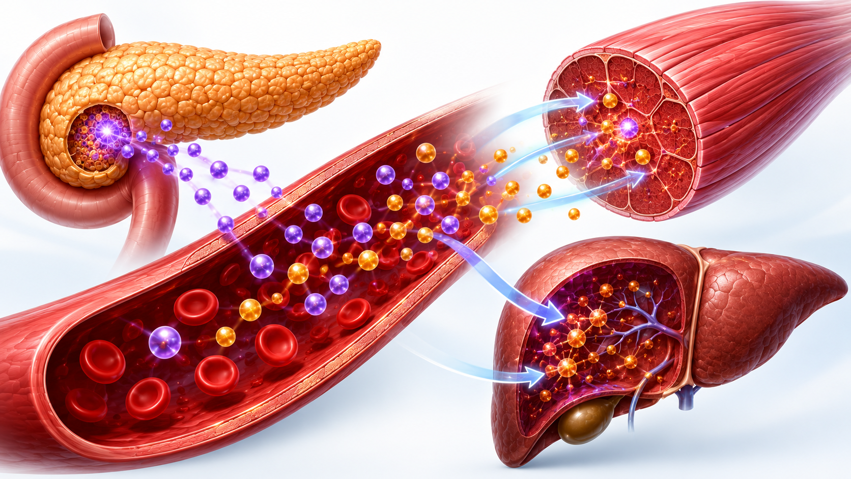 Insulin helping glucose move from the bloodstream into skeletal muscle and liver cells.