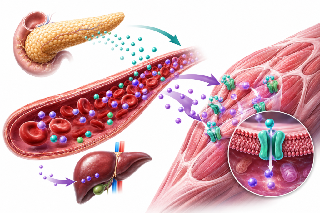 Illustration showing insulin helping glucose move from the bloodstream into muscle cells.