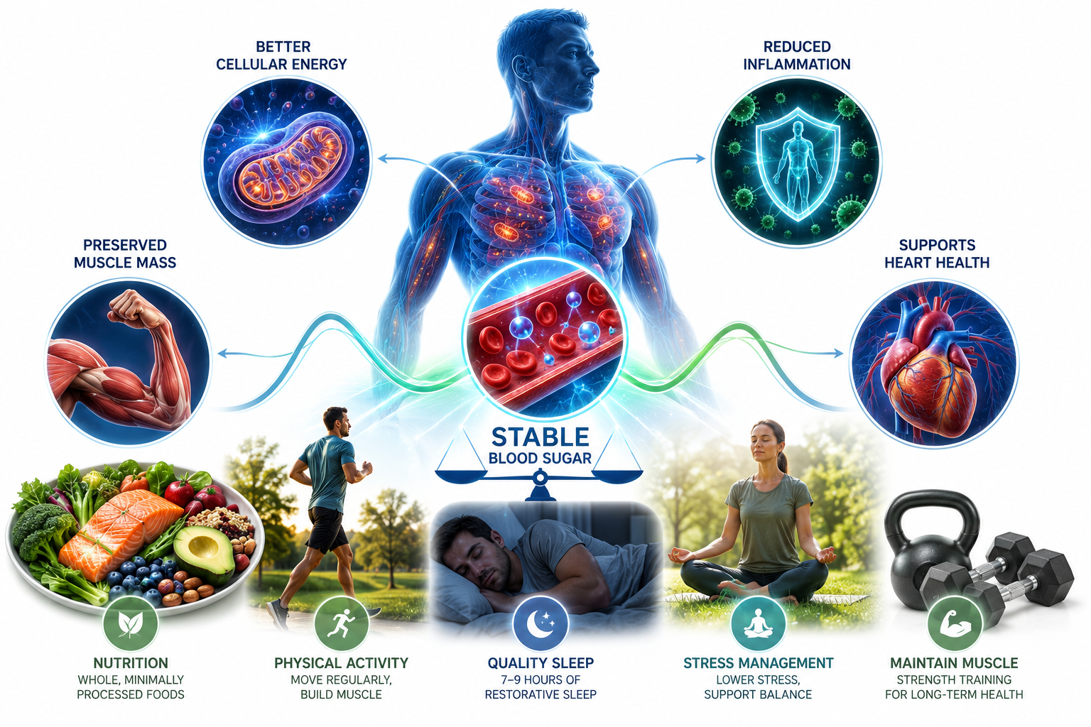 Medical infographic illustrating how stable blood sugar supports mitochondrial energy production, reduces inflammation, preserves muscle mass, promotes heart health, and highlights healthy lifestyle habits including nutrition, exercise, sleep, stress management, and strength training.